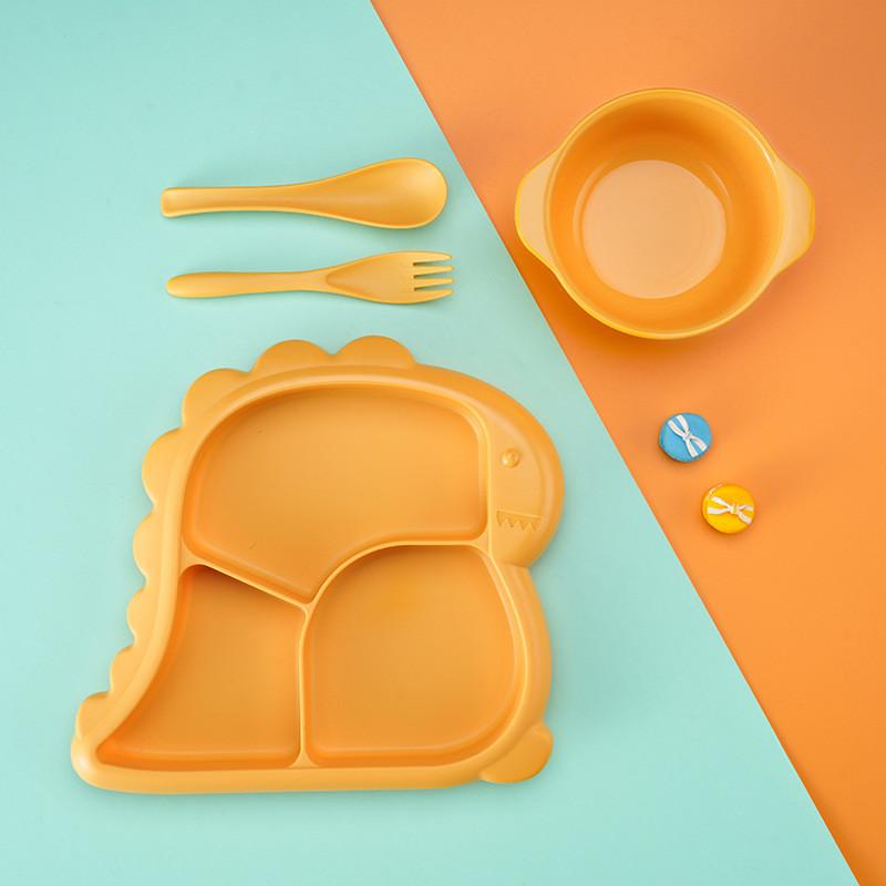 Cartoon Dinosaur Three Compartments Dinner Plate Spoon Fork Bowl Cutlery Set For Kids