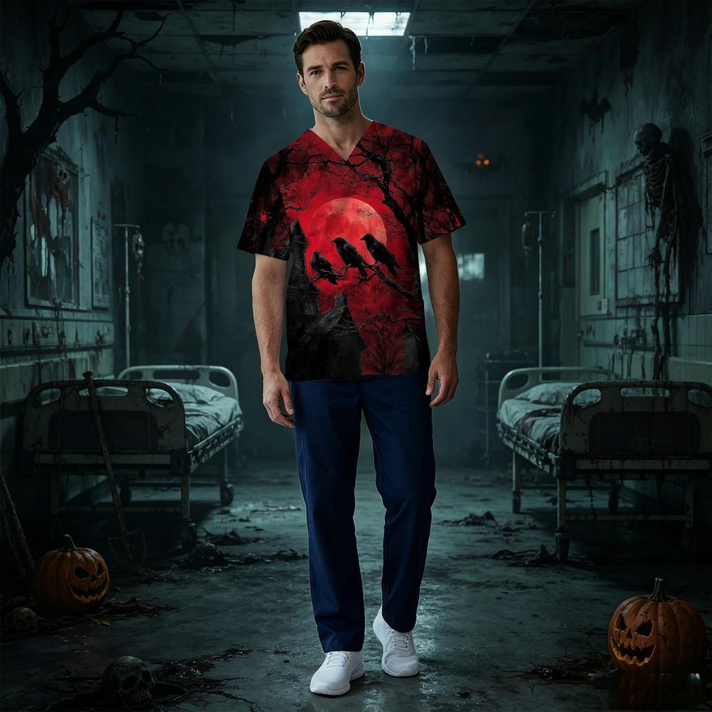 Haut d'uniforme médical à manches courtes et col en V avec imprimé Halloween et poche pour professionnels de la santé