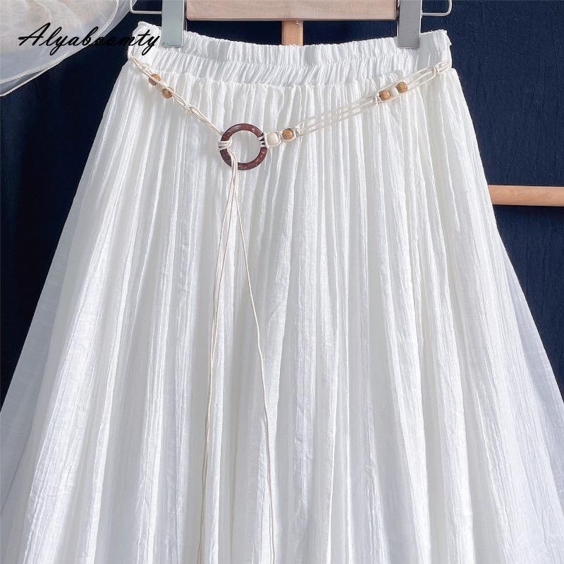 Spring Summer Women Basic White Midi Skirt Elastic Waist Soft Fairy Skirt Elegant Feminine Beach Style Skirts Womens
