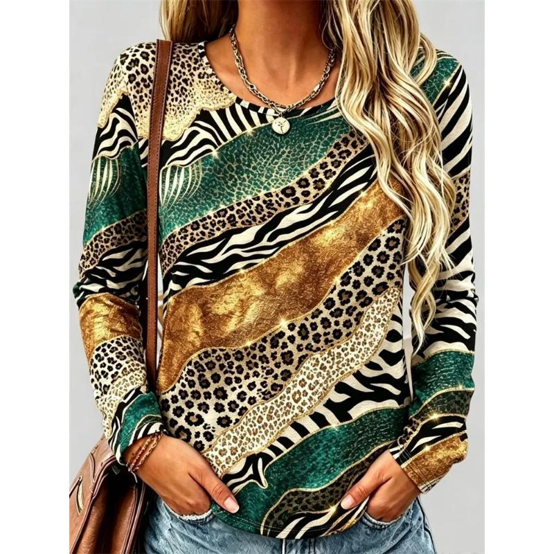Fashion Women's Crew Neck Long Sleeve 3D Casual Color Printing Casual Long Sleeve Crew Neck T-Shirt