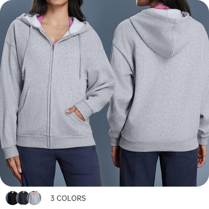 Autumn and winter fleece hooded zipper sweater women's loose and thin cardigan sports jacket thermal hoodie D