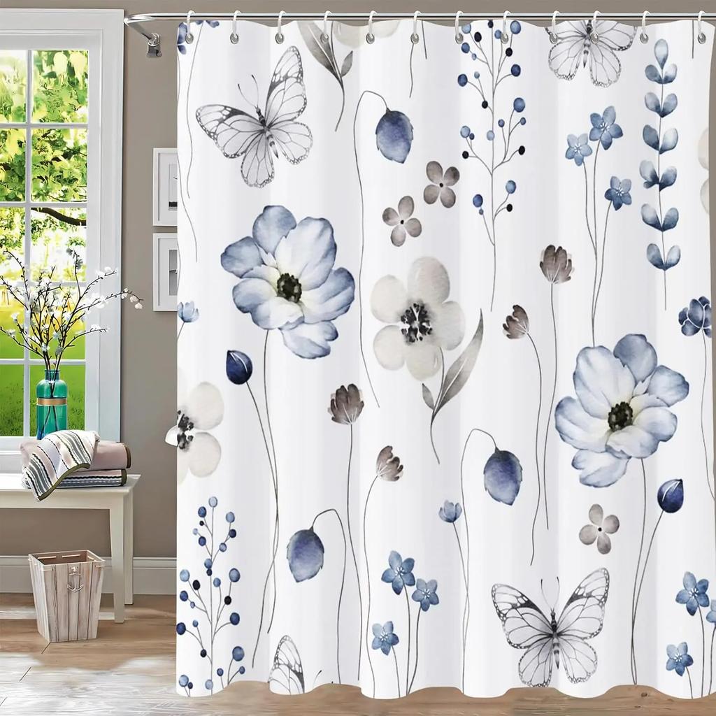 Bathroom Fabric Shower Curtain Waterproof Green Washable Watercolor Leaf Top Plant Bathroom Shower Curtain with Flowers