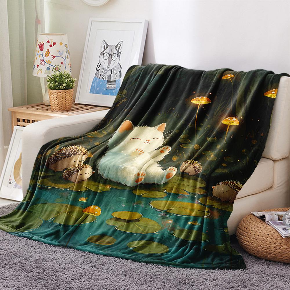 Weiße Katzen-Print Flanelldecke, Hohe Qualität, Bequem für alle Jahreszeiten, Heimdekoration, Wärme und Komfort, Perfekt für Weihnachtsgeschenke