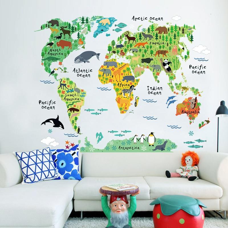 Colorful Animal World Map Wall Sticker for Kids Room Home Decor 3D Decals Creative Living Room Stickers