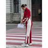 Womens Velvet Color Block Tracksuit Stand Collar Zip Crop Top Wide Leg Pants Two Piece Set