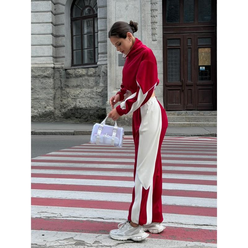 Womens Velvet Color Block Tracksuit Stand Collar Zip Crop Top Wide Leg Pants Two Piece Set