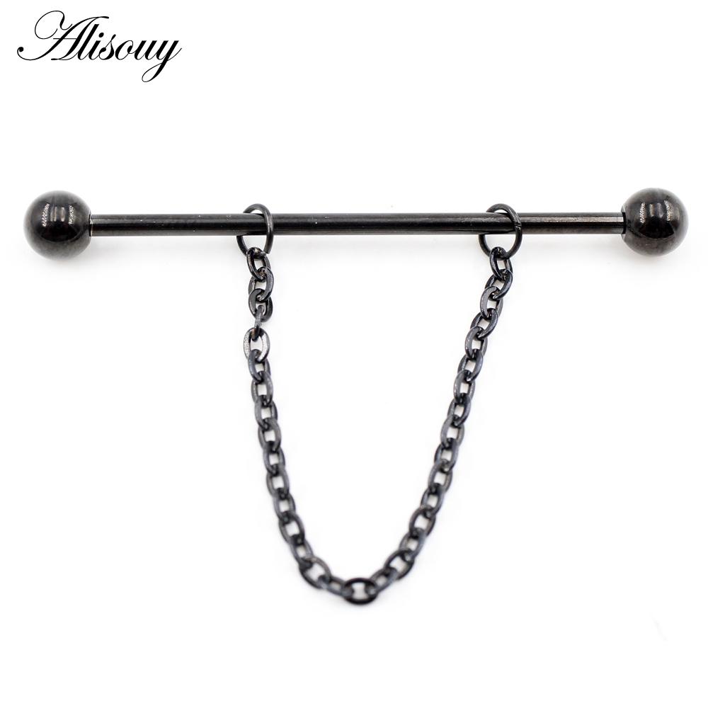 Alisouy 2 st Runda Kulkedja Lång Rostfritt Stål Industriell Hantel Öronbrosk Örhängen Rak Stift Piercing Kroppsmycken