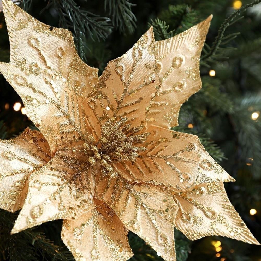 29CM Artificial Poinsettia Flower Gold Red Glitter Sparkling Simulation Flowers Sequins Sequins Flower Christmas Tree Accessory