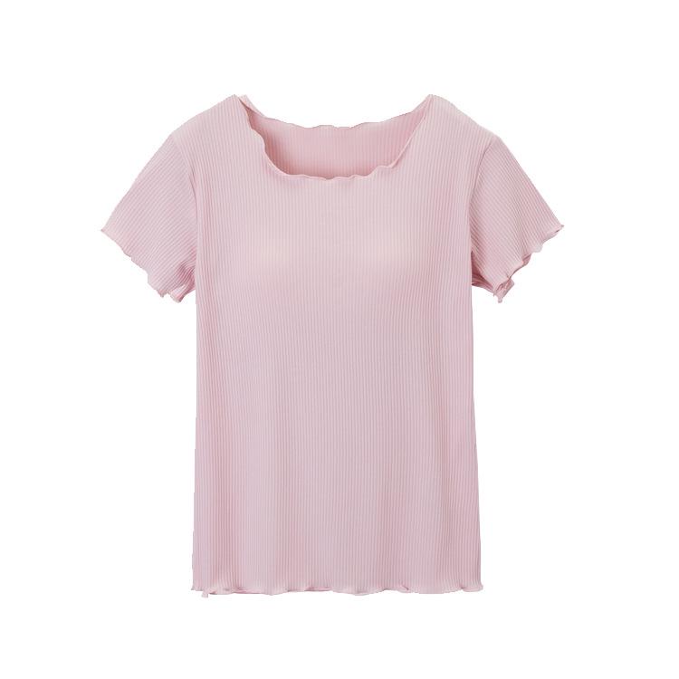 

Ruffled Short-Sleeve Bra-Free T-Shirt with Integrated Breast Pads XL