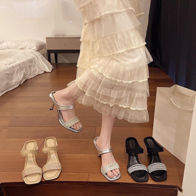 Fashion Thin Heels Glitter Slides High-Heeled Shoes Lady Slippers Women Summer Fashion Pantofle Jelly Luxury 2025 Crystal High-Heeled Sh