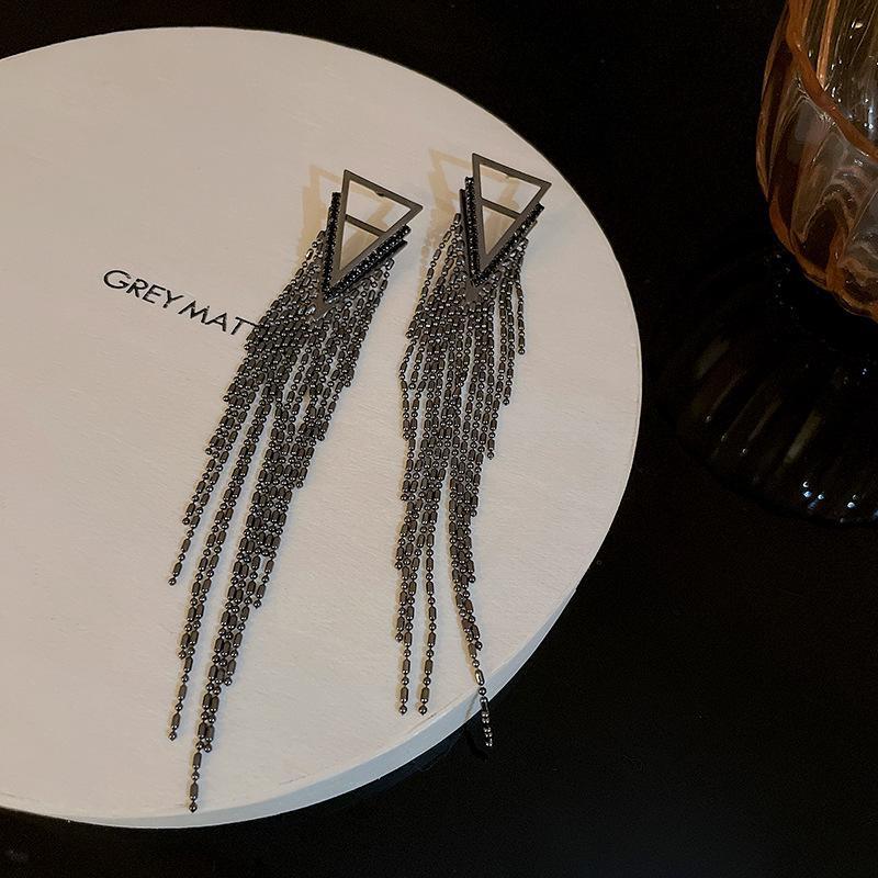 Cercei cu ciucuri cu stras incrustat cu triunghi cu ac de argint, cercei lungi, eleganti, eleganti, eleganti, pentru doamne, YSL