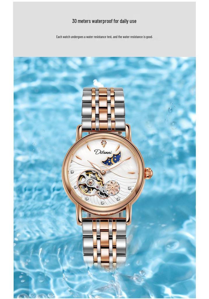 Genuine Automatic Mechanical Waterproof Watch for Women - Trendy Multi-Functional with Day, Date, Month, Year, and Starry Design.