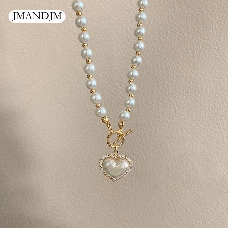 Nytt elegant perleperlekjede for kvinner Damemote Rhinestone Shell Heart Pendent Halskjede Choker smykker LXY