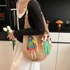 Trendy Sweet Knitted Tote Bag Hollow Out Bohemian Style Weave Shoulder Bag Cartoon Embroidery Crochet Beach Bag Holiday