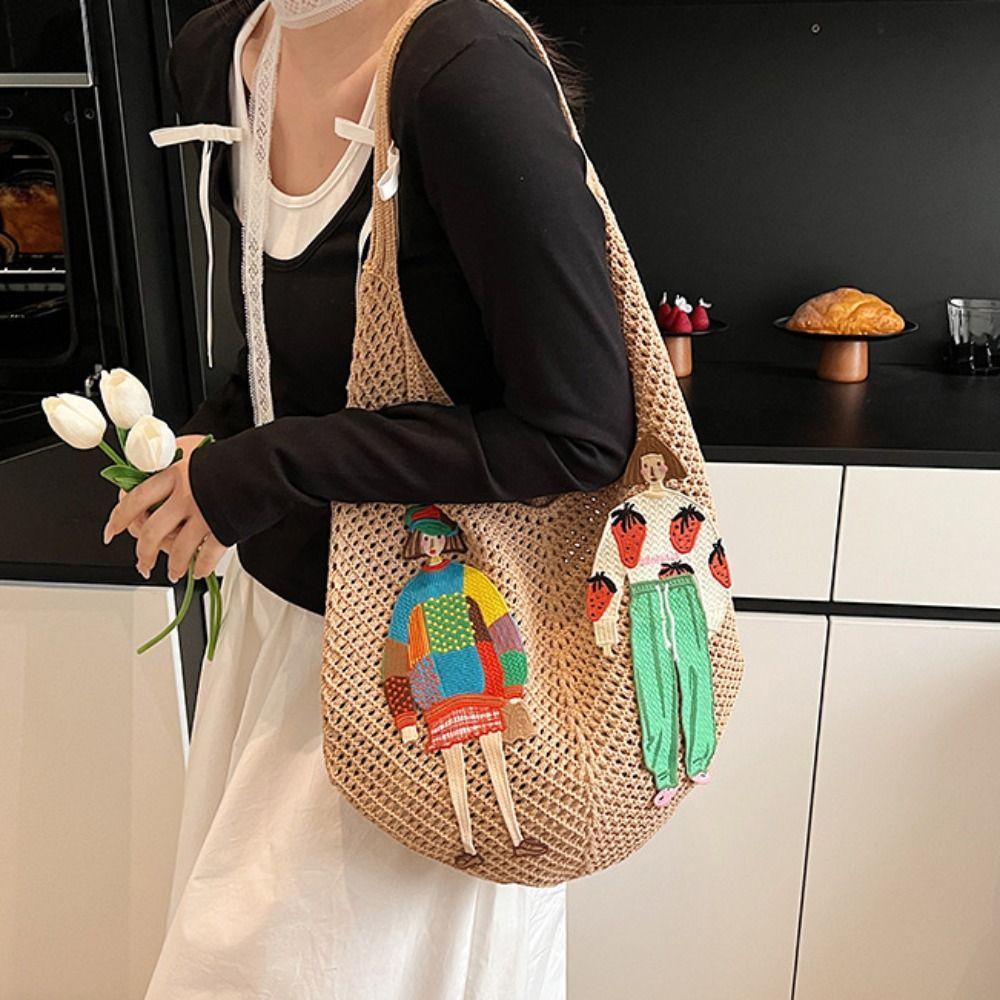 Trendy Sweet Knitted Tote Bag Hollow Out Bohemian Style Weave Shoulder Bag Cartoon Embroidery Crochet Beach Bag Holiday