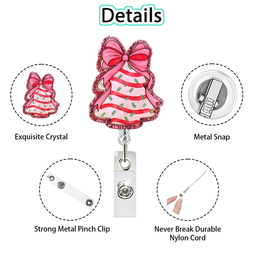 Acrylic Glitter Pink Christmas Bow Tree Retractable Badge Reel Name Tag Alligator Clip Medical ID Badge Holder Gift for Nurse