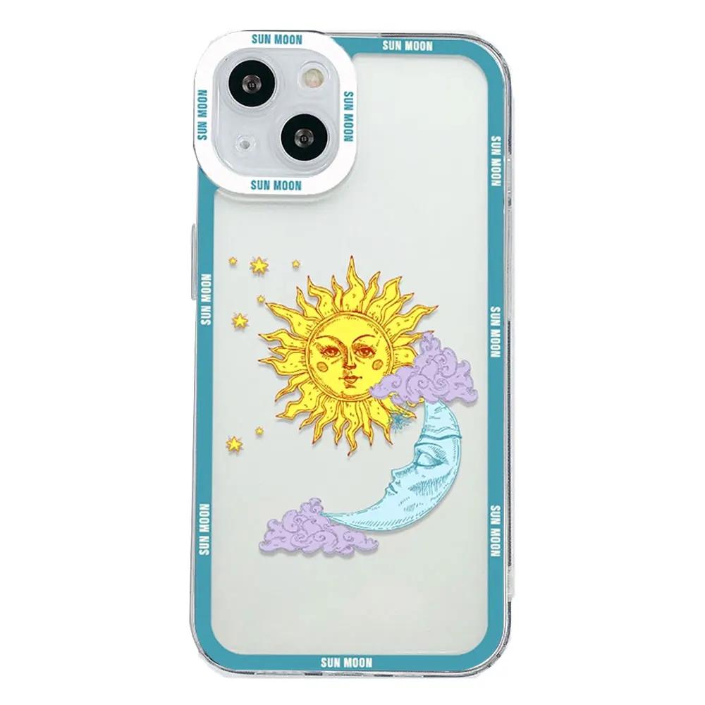Cute Cartoon Sun Moon Face Phone Case for IPhone 15 Pro Max 11 12 7 8 14 Plus SE2020 X XR MAX XS 13 Mini Soft Clear Cover Fundas