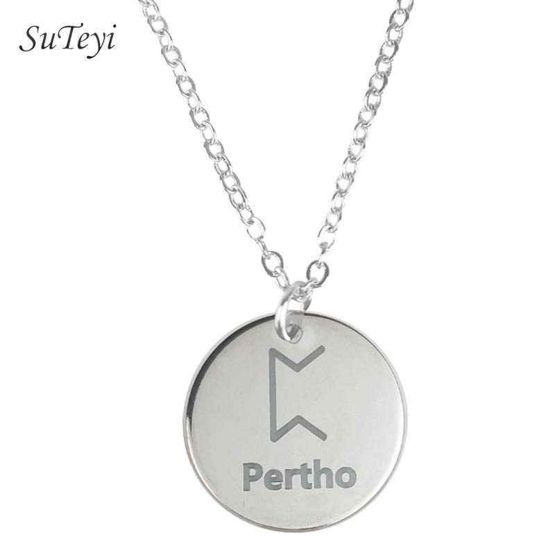 Round 25 Rune Letter Pendant Necklace Silver Color Stainless Steel Disc Viking Necklaces For Women Men