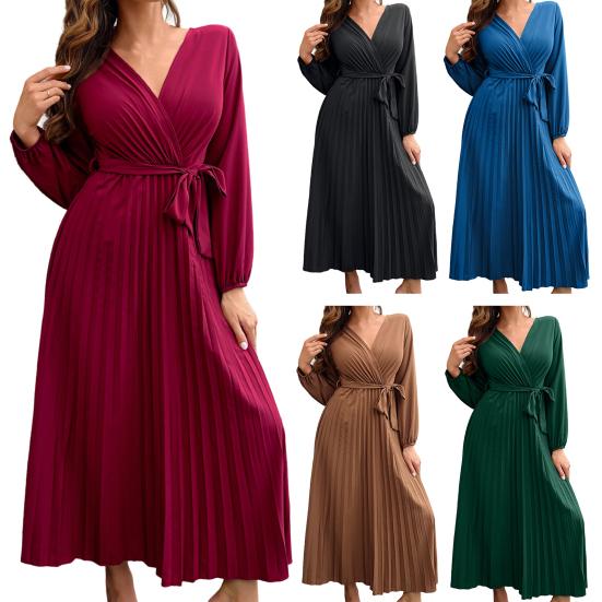 Cross V-neck Lantern Long Sleeve Waist Strap A-Line Autumn Dress Simple Pure Color