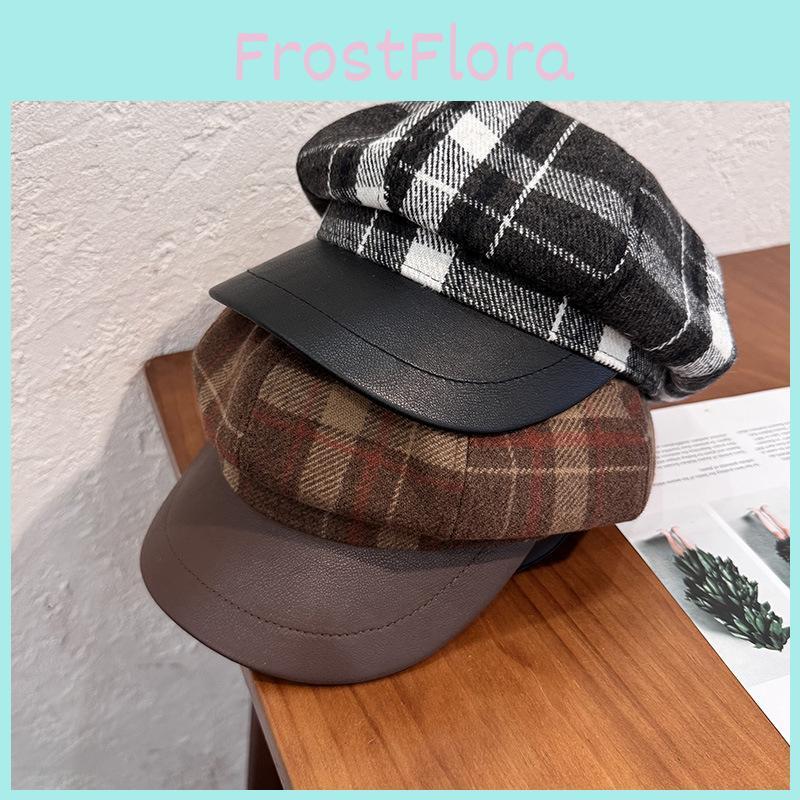 Retro Grid Wool Blended Cap Women Sunshade Cozy Wear Girl Travel Hat Supplies