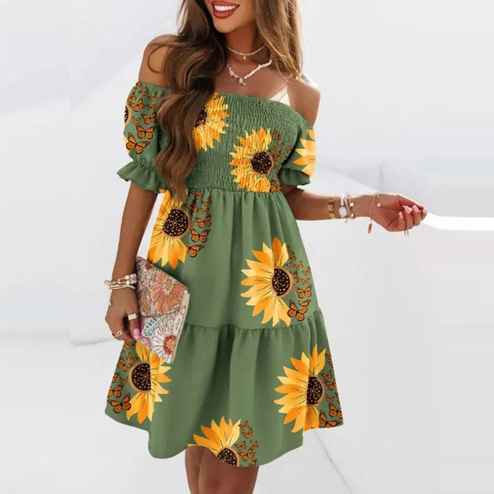 

Женское летнее миди-платье на одно плечо с коротким рукавом, платье с градиентным принтом, повседневное, с эластичной талией, с оборками, пляжное платье 3XL армия зеленый