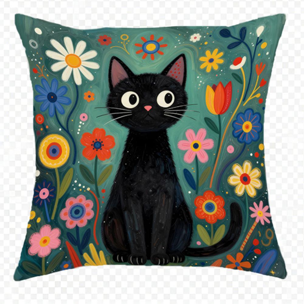 1/4Pcs Black Cat Floral Pillowcases For Cozy Decor Sofa Cushion Cover Home Bedroom Room Decoration