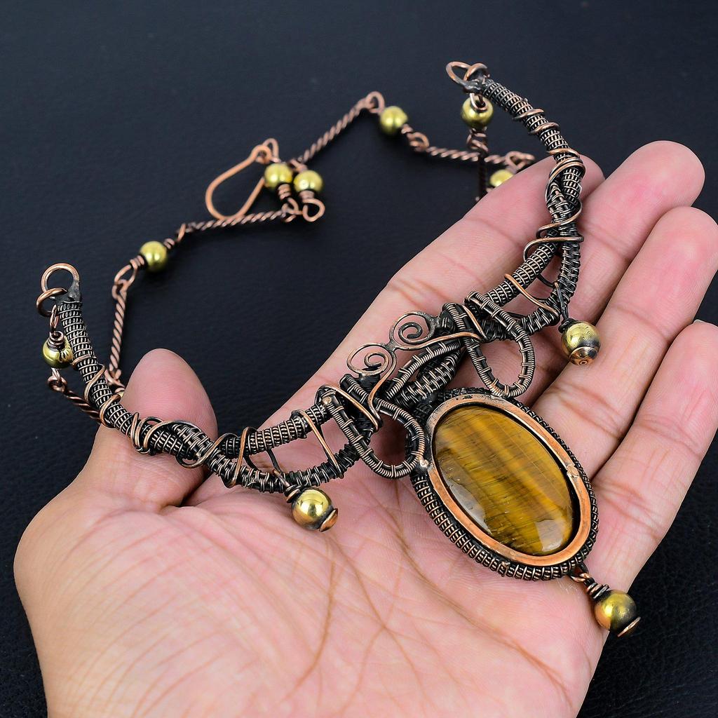 Tiger's Eye 999 Copper Wire Wrapped Necklace Adjustable, Chain Necklace Handmade Gemstone, Gift For Mom Antique Jewelry