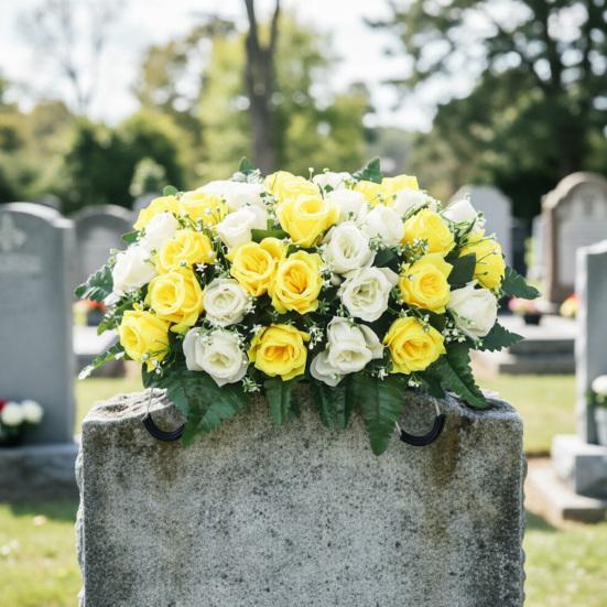 Sella Fiorita Artificiale per Lapide Cimiteriale 34 Fiori Rosa Finti in Seta Realistici Resistenti ai Raggi UV Decorazione Floreale Commemorativa per Lapide Esterna