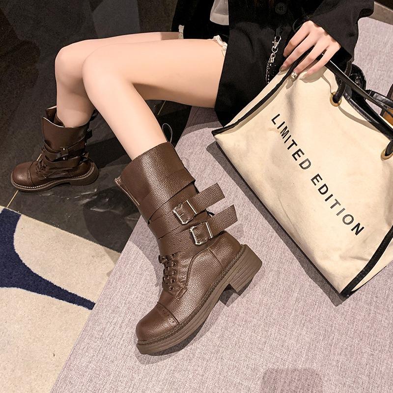 Summer Boots New Retro Belt Buckle Locomotive Boots Thick Heel Boots Outdoor Wear Short Boots