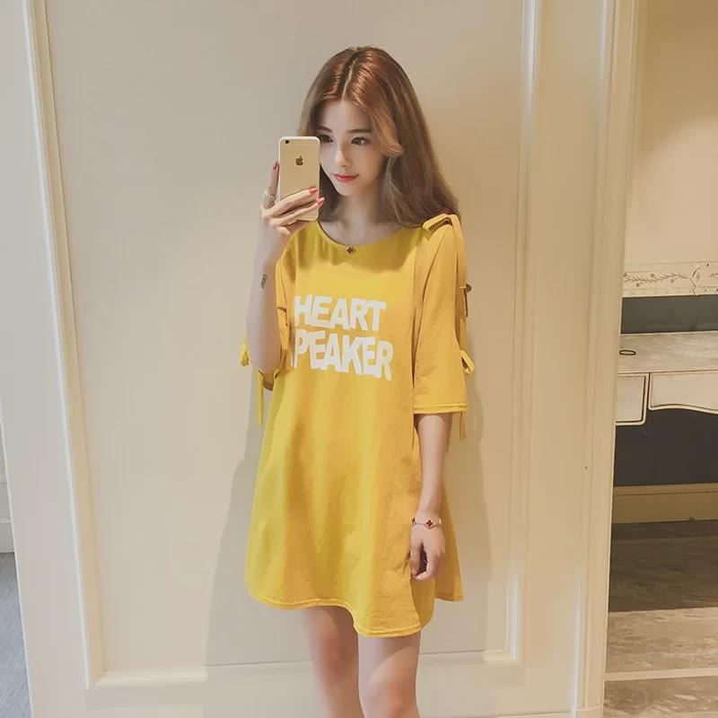 2024 Korean Style Off-Shoulder Bowknot Print Mid-Length T-shirt Dress with Five-Point Sleeves.