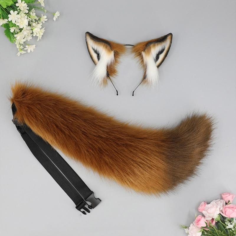 Fox Ears and Tail Set Furry Fox Ears Headband with Tail Halloween Cosplay Party Fox Costume Accessories for Kids-Adults