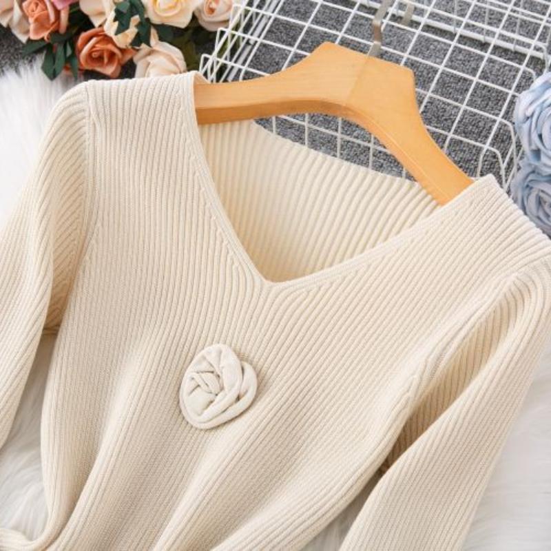 Autumn Winter Women Elegant V-neck 3D Flower Knitted Sweater Long Midi A-line Dresses