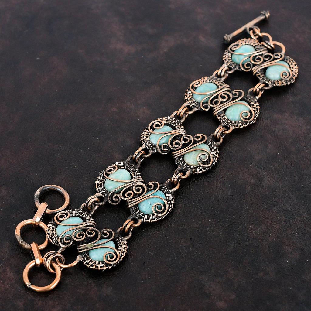 Amazonite Bracelet Copper Wire Wrapped Gemstone Jewelry Adjustable Chain Bracelet Copper Bracelet Handmade Wire Wrap Bracelet Gifts For Wife