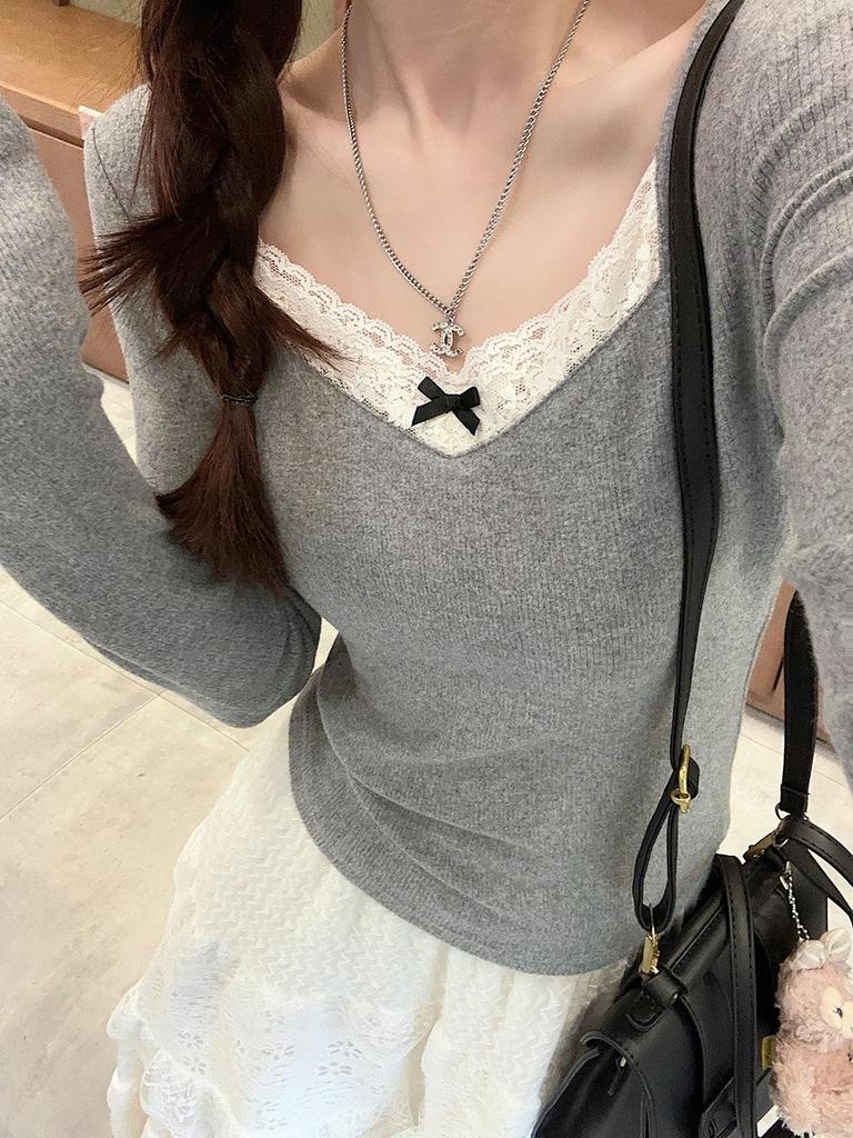 Gray Lace-Stitched Long Sleeve Top: 2024 Spring/Autumn Niche Women's Shirt