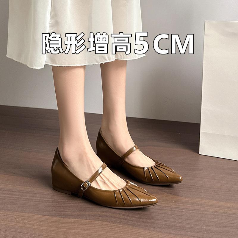 Damen-Schuhe mit innerer Erhöhung, Frühling und Herbst 2025 neu, Retro-Einspangen-Mary-Jane-Schuhe mit Falten, spitz zulaufend, flacher Ausschnitt, Einzelne Schuhe