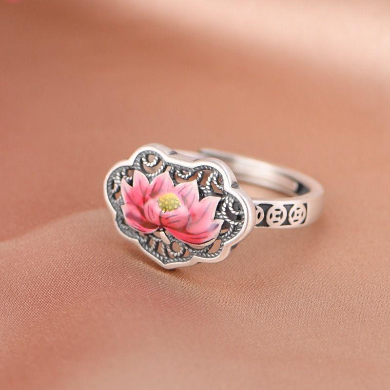 Retro Blue Lotus Adjustable Ring - Hollow Design, Simple & Versatile for Women