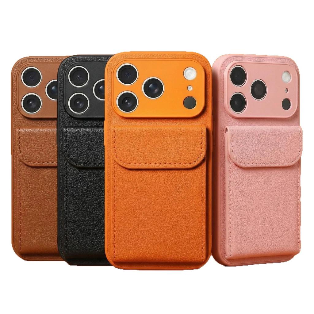 Applicable iPhone17promax leather case, card case, mobile phone case, Apple 16 plain leather matte anti-drop protective case.