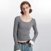 Spring and Summer Women's New Pullover Solid Color Casual Simple Long Sleeve Square Collar Short Slim-fit Sweater