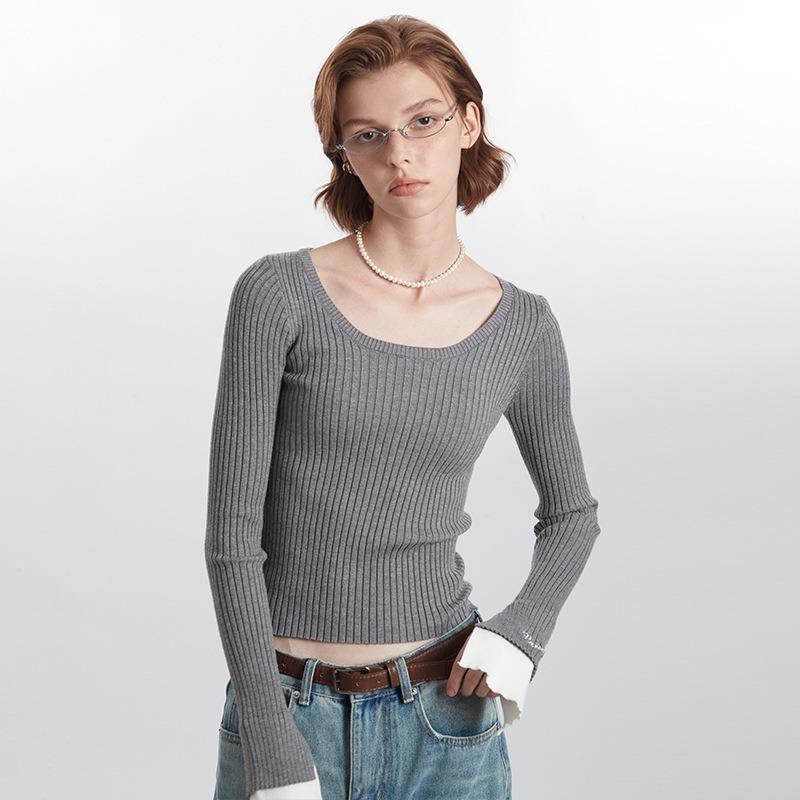 Spring and Summer Women's New Pullover Solid Color Casual Simple Long Sleeve Square Collar Short Slim-fit Sweater