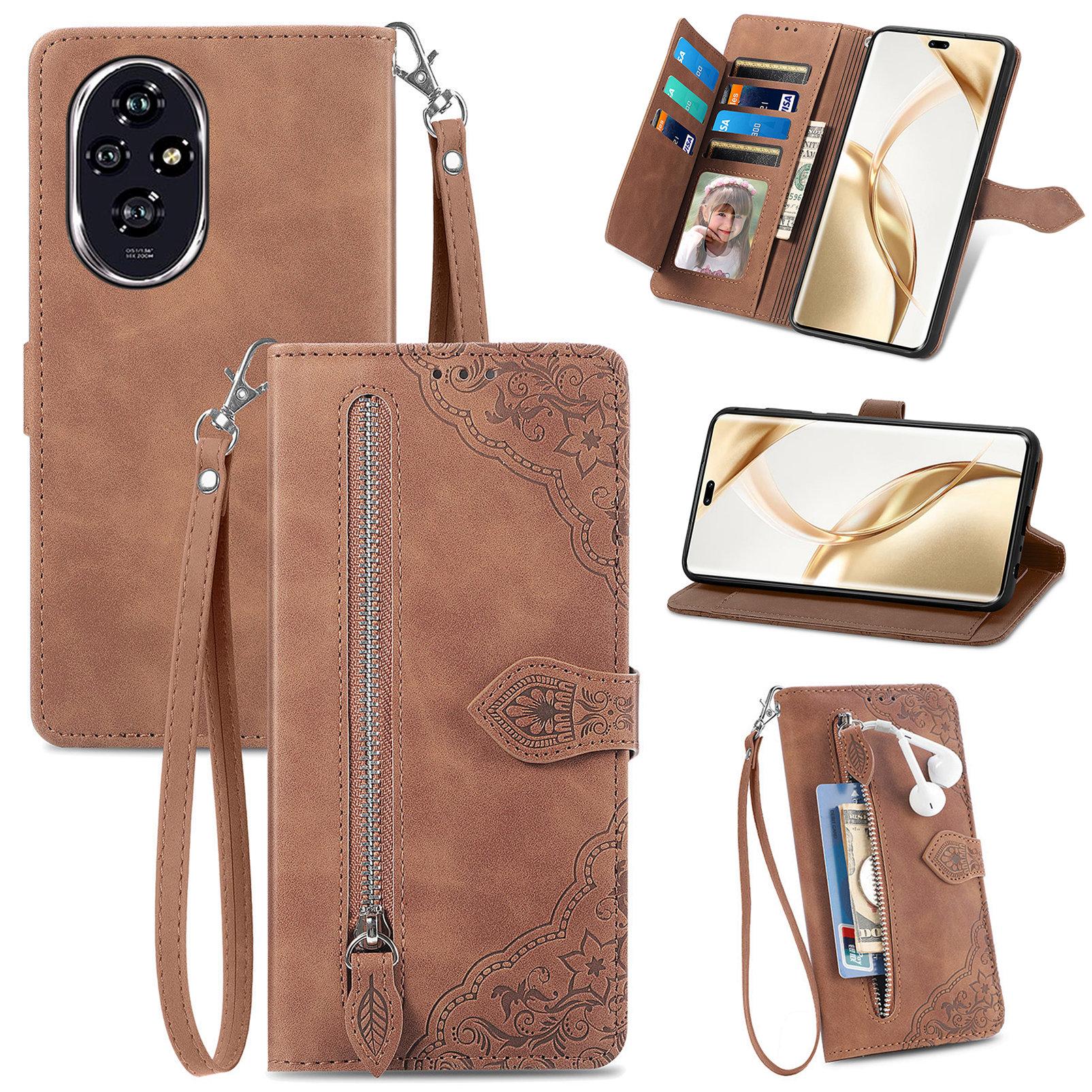 

For Honor 200 Pro 5G Zipper Wallet Case with Strap Flower Imprint PU Leather Phone Cover Brown