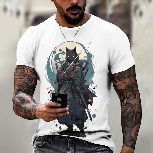 Animal T-Shirts For Men Summer Short Sleeve Tee Japanese Samurai Pattern Print Oversized Clothing Fashion Casual Streetwear