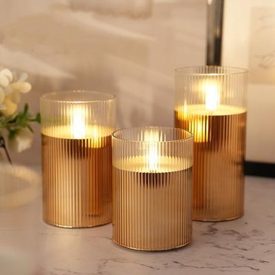3-Pack Striped Electroplated Glass Electronic Candle with Remote Control Atmosphere Candlelit Dinner Home Decoration LED Candle