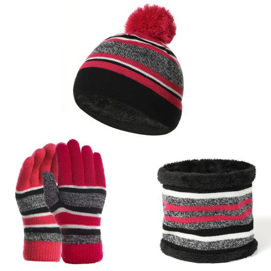 Kids Winter Woolen Yarn Knitted Pompom Hat Beanie Neck Scarf Gloves Warm Set