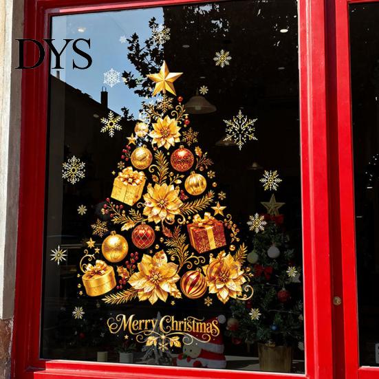 Large Christmas Tree Wall Clings 2 Sheets Gold Window Clings, Static Stick Snowflake Office Decorations Bauble Glass Decals, No-Glue Removable Winter