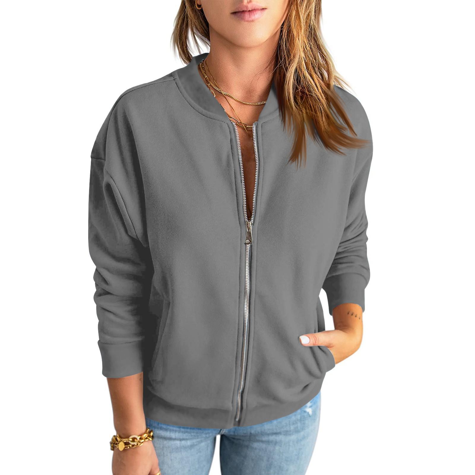 Женская повседневная толстовка однотонная куртка на молнии свободное пальто с длинными рукавами и карманом S серый 2680₽