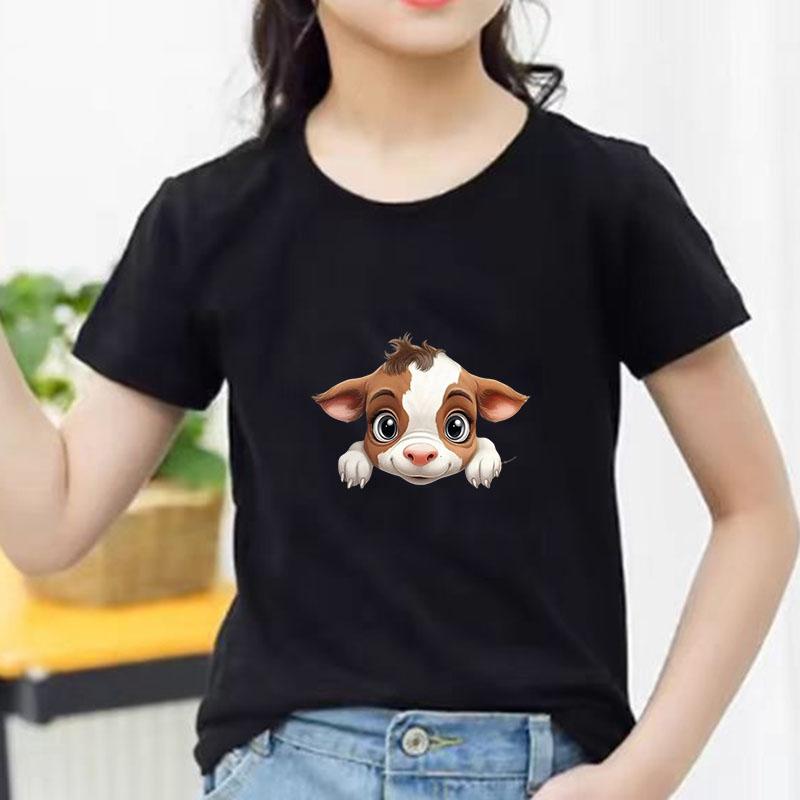 Kids Cotton T Shirt Light Brown Baby Cow Peeking Print Crew Neck Short Sleeve Tee Casual Boys Girls Summer Tops
