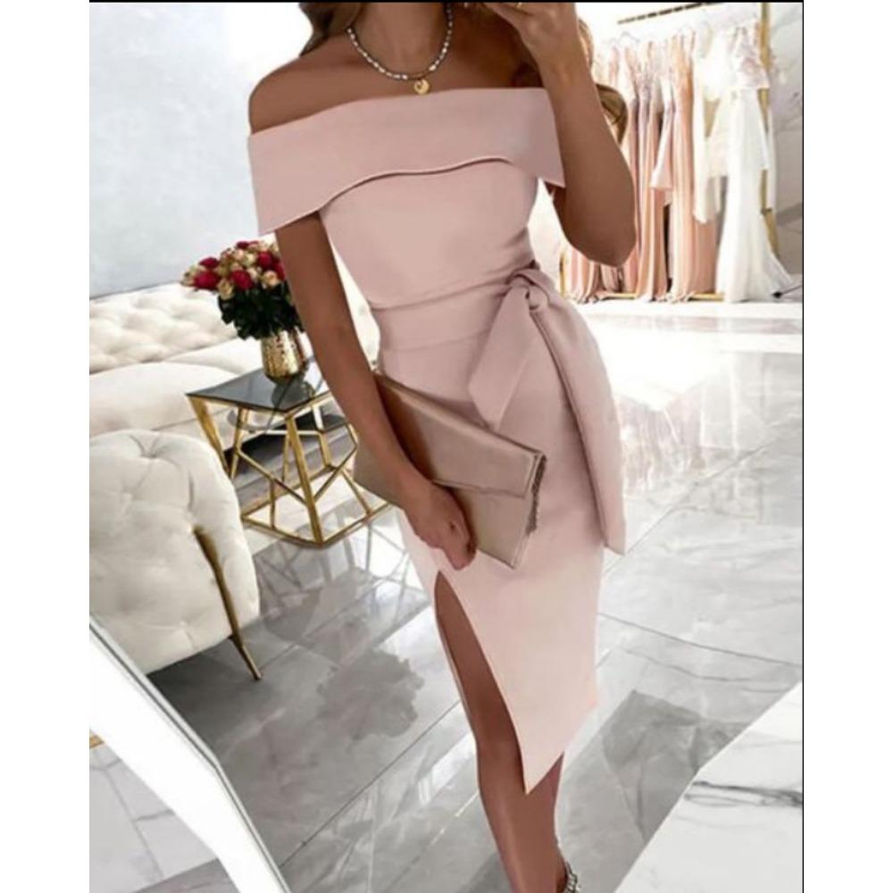 

JPNTKY Женская мода лето весна однотонный принт короткий рукав одно плечо повседневные платья XL розовый