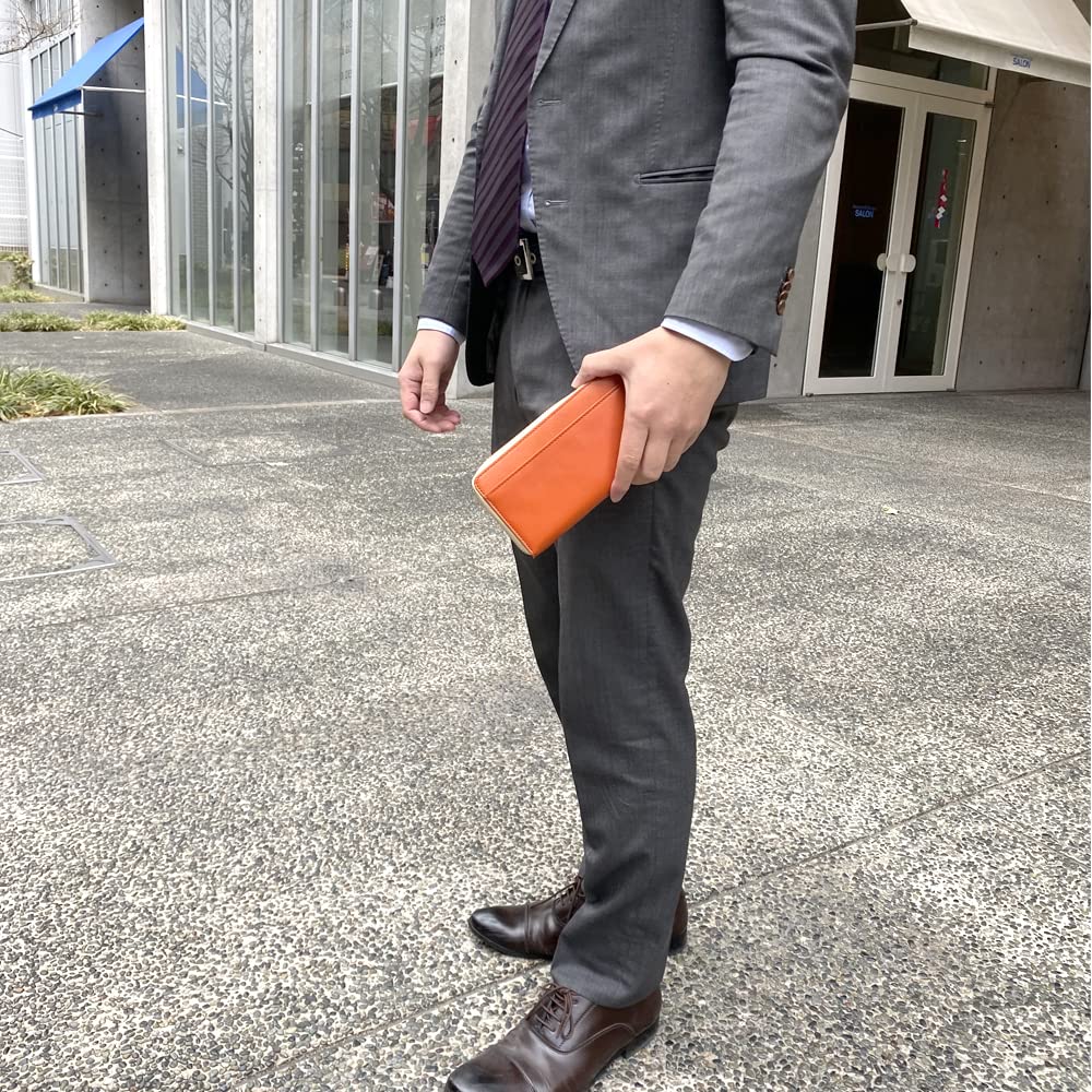 PAIDiA Men's L-Shaped Long Wallet, Genuine Leather, Coin Purse, Card Holder, Tochigi Leather, P099 (Orange)