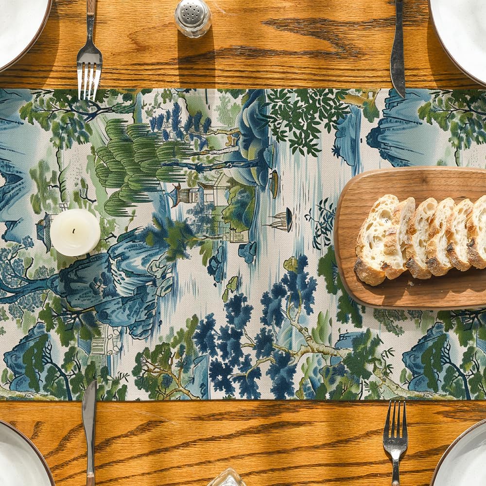 Artoid Mode Chinoiserie Vintage Style Mountain Fall Table Runner, Seasonal House Trees Kitchen Dining Table Decoration for Home Party Decor 13x36