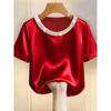 Spring Summer French Style Pearl Round Neck Satin Short Sleeve Shirt T-shirt
